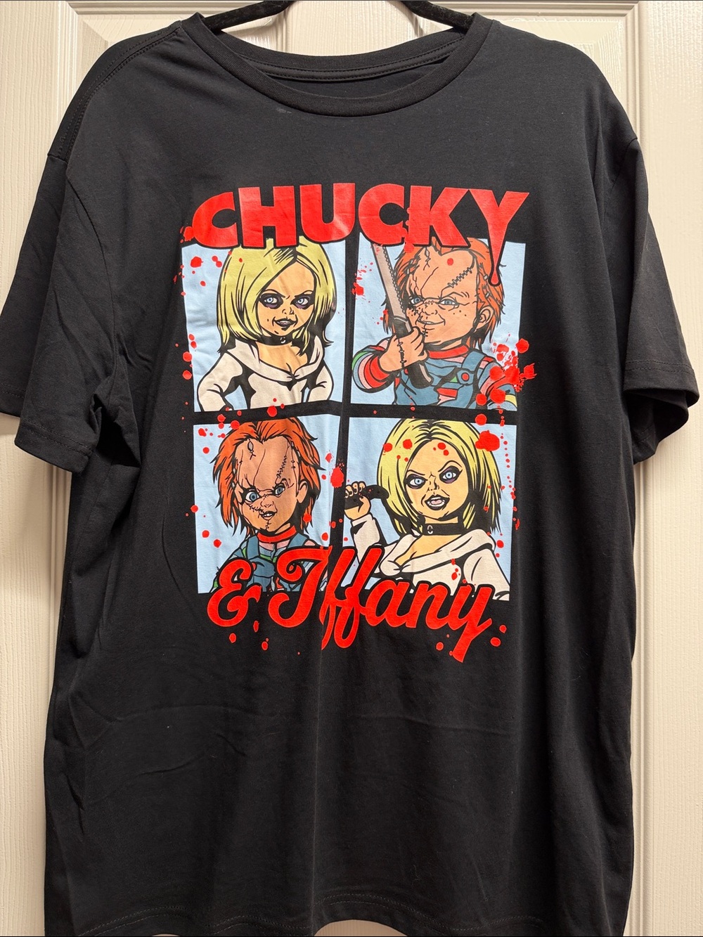 Chucky & Tiffany Graphic Tee - Black with Red and Blue Print